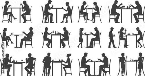 Couple dining silhouettes collection, men and women sitting at table eating drinking talking isolated on white background restaurant vector illustration set