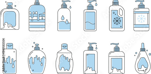 Hand soap dispenser bottle set, liquid sanitizer containers, hygiene product icons, cleaning supplies illustration, refillable plastic pumps, bathroom kitchen wash essentials