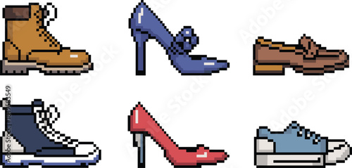 Pixel art footwear icons set showing boots heels loafers sneakers shoes fashion retail game ui design elements retro pixelated collection