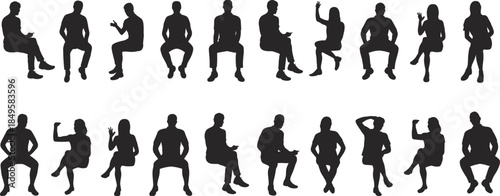 Sitting people silhouettes collection, men and women seated poses gesturing talking isolated on white background human vector illustration set