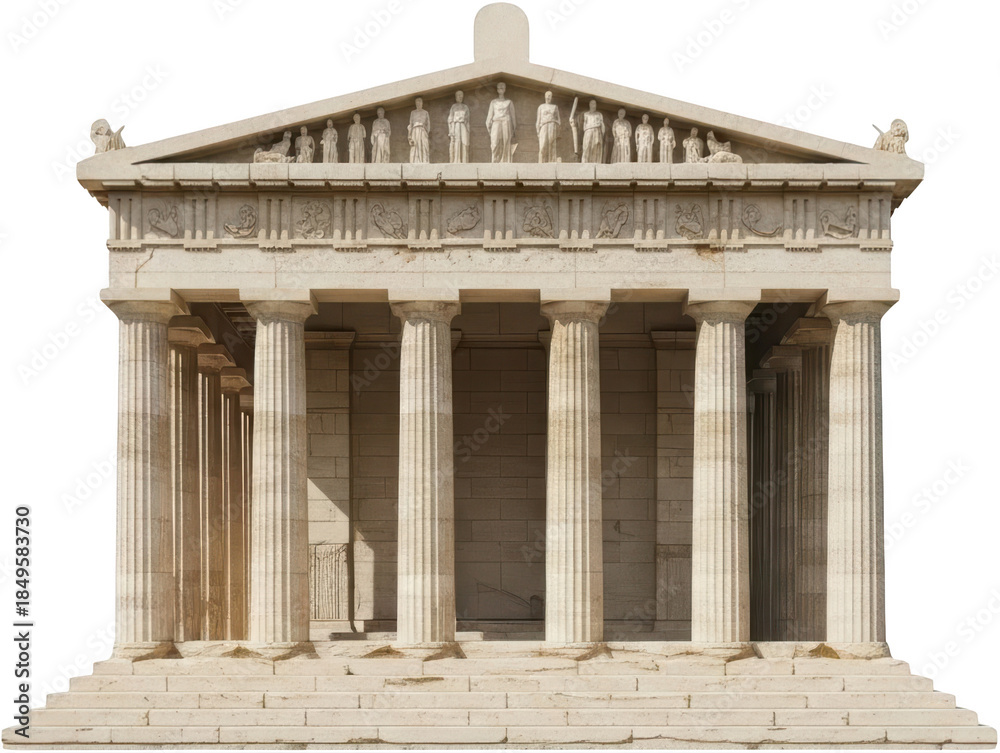 Obraz premium Ancient Greek Doric temple facade with carved pediment sculptures and fluted columns resting on a stepped stone platform isolated object Greek temple Ancient architecture Classical