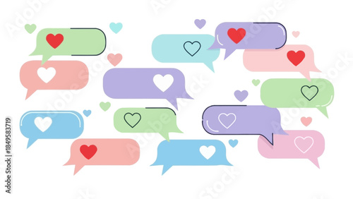 Colorful Love Message Speech Bubbles with Hearts Representing Communication and Affection