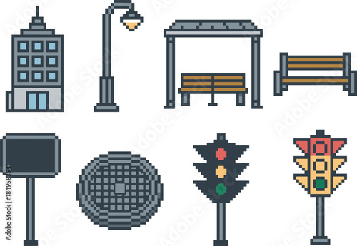 pixel, art, icons, urban, infrastructure, city, building, streetlamp, bench, bus, stop, sign, manhole, traffic, light, vector, illustration, public, space, pixelated
