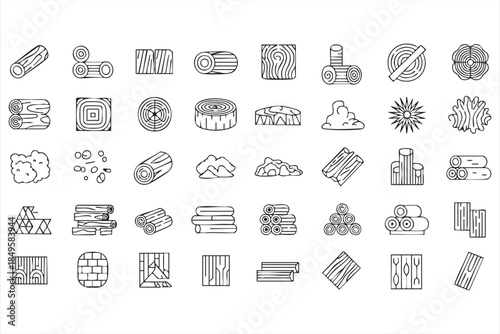 Wood and Timber Line Icons for Lumber Materials and Forestry Design