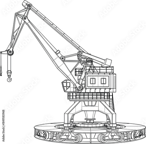 Industrial crawler crane blueprint illustration, detailed technical line art of heavy construction machinery, engineering design concept, mechanical equipment outline, isolated on white background