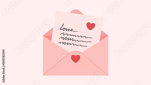 Cute and Simple Illustration of an Open Pink Envelope with a Love Letter Inside for Romantic