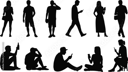 People silhouettes using smartphones collection, men and women standing sitting walking with mobile phones isolated on white background lifestyle vector illustration