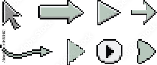 Pixel arrow cursor and navigation icons set direction pointers play button symbols isolated on white background retro vector illustration