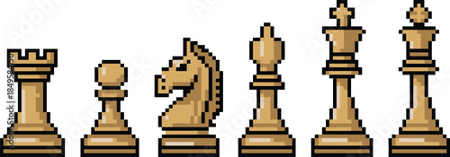 Pixel art chess pieces icon set showing king queen rook bishop knight pawn strategy board game retro design