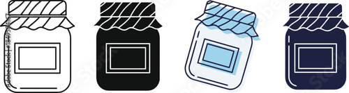 Minimal jar icon set, glass container illustration, food packaging symbol, outline and solid styles, vector design, editable elements, isolated on white background