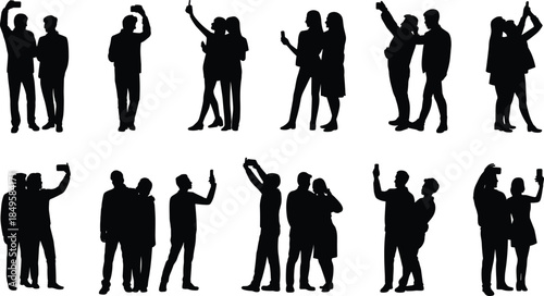 Selfie, silhouette, people, smartphone, pose, social, media, interaction, friends, couple, camera, modern, behavior, trendy, gesture, black, vector, illustration, lifestyle, youth