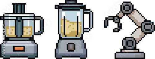 Pixel art food processor, blender, robotic arm, kitchen machine, industrial equipment, vector icon, retro style, automation, cooking, technology