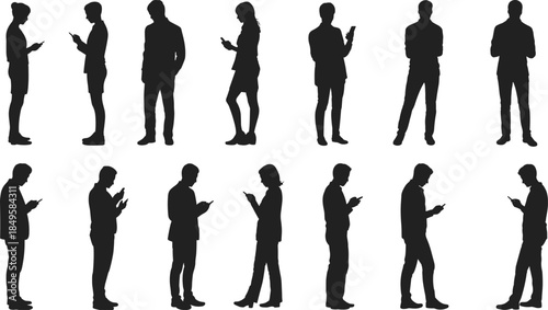 People silhouettes using smartphones collection, men and women standing casual poses texting browsing mobile phones isolated on white background lifestyle vector illustration