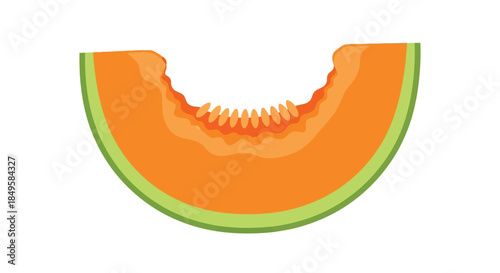A vibrant, juicy cantaloupe slice with a bite taken out, showcasing its bright orange flesh and green rind, isolated on a clean white background.
