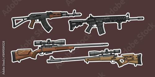 Assault rifles, sniper rifles, weapon set, tactical guns, military firearms, modern and classic, dark background, flat vector illustration