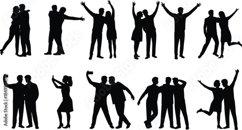 Happy people silhouettes celebrating together collection, couples and friends cheering hugging taking selfies isolated on white background lifestyle vector illustration