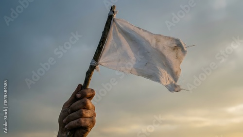 Hand holding white flag against cloudy sky.