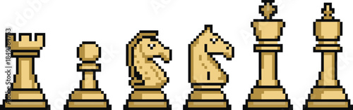 Pixel art chess pieces icon set featuring king queen rook bishop knight pawn strategy board game retro design