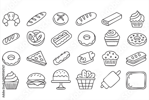 Bakery Food Line Icons for Menus, Packaging, and UI Systems