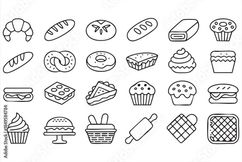 Bakery and Bread Line Icons for Cafe Menu and Food UI Design