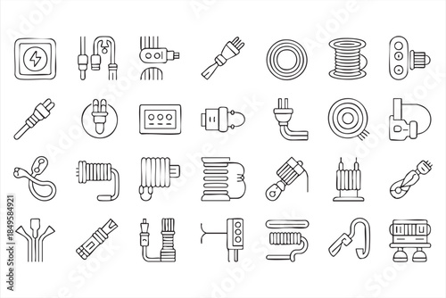 Electrical Cable and Connector Icons for Power and Wiring UI