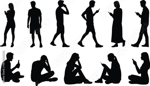 People silhouettes using smartphones collection, men and women standing walking sitting casual poses with mobile phones isolated on white background lifestyle vector illustration