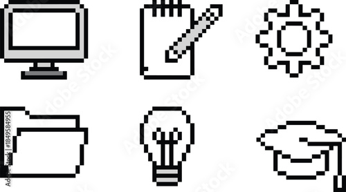 pixel, art, icons, productivity, education, computer, notepad, pencil, gear, folder, lightbulb, idea, graduation, cap, vector, illustration, digital, creativity, settings, academic