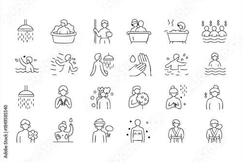 Bathroom Hygiene Line Icons for Hotel and Spa Systems