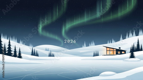 Winter landscape with aurora borealis over a modern cabin serene snowy valley with pine trees and frozen lake concept for new year 2026
