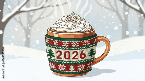 Cozy hot chocolate mug with 2026 on a festive sweater sleeve perfect for winter holidays and New Years celebrations set against a snowy forest background
