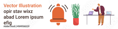 Alert systems, office communication, remote work, productivity tools, graphic elements, workspace decor. Notification bell and person in office setting with plants. Alert systems and office
