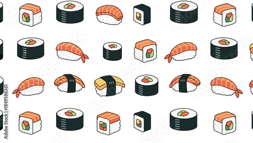 A delicious and colorful seamless pattern of various types of Japanese sushi and rolls on a clean white background for a restaurant menu.