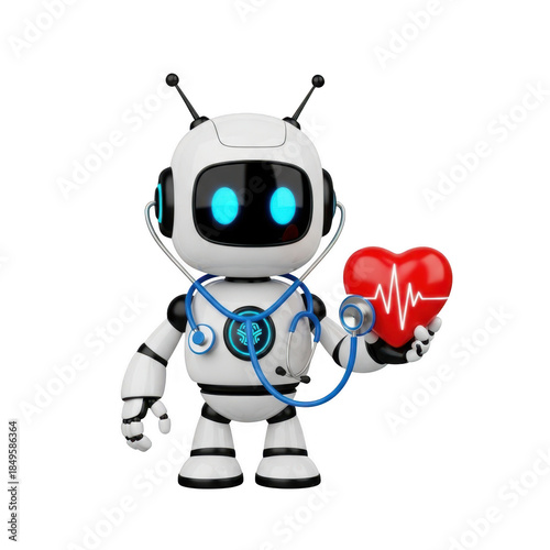 Cute robot doctor holding a heart with a stethoscope, isolated on transparent background