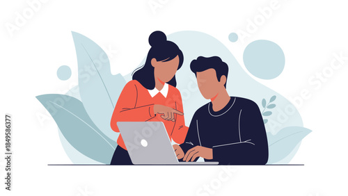 Modern flat vector illustration of two colleagues, a man and a woman, collaborating and discussing work over a laptop in an office.