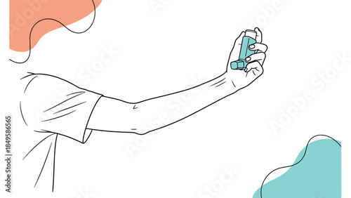 A minimalist line art illustration showing a person's arm holding an asthma inhaler, with abstract color shapes in the background.