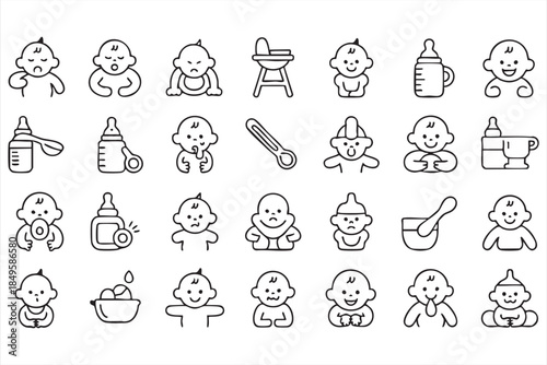 Newborn Care Line Icons for UI Design, Feeding Diaper Sleep Elements