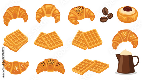 A delicious collection of cartoon breakfast pastries, including croissants, Belgian waffles, coffee beans, and a coffee pot on a white background.
