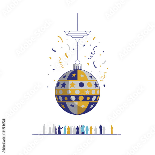 Vibrant Christmas ornament with confetti and people celebrating