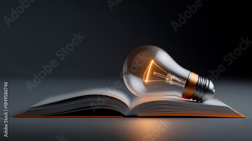 Creative innovation and wisdom concept with glowing light bulb on open book in dark room