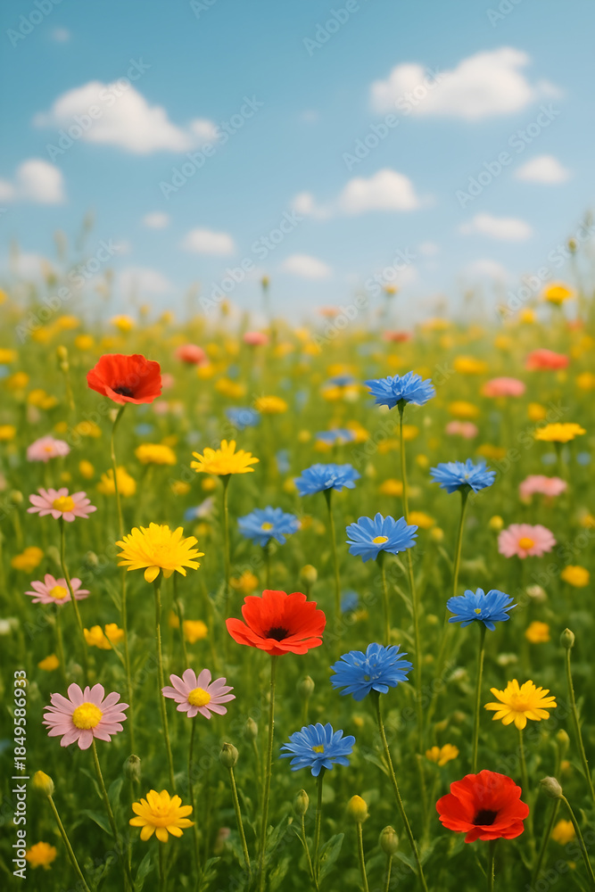 Obraz premium Vibrant summer meadow with red poppies blue cornflowers and yellow daisies under a cloudy blue sky full hd 4k stock image download