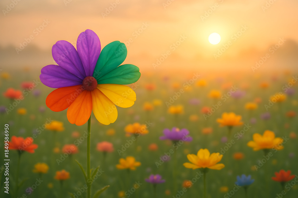 Fototapeta premium Single multi colored flower in a field of wildflowers at sunrise full hd 4k stock image download nature