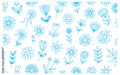 Whimsical blue floral pattern perfect for spring backgrounds, invitations, or textile design with a fresh, modern feel for your creative projects
