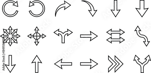 Arrow direction icon set including navigation arrows, curved arrows, circular arrows, multi-direction symbols, straight arrows, interface navigation icons, outline arrow collection