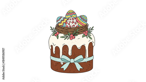 A delightful hand-drawn illustration of a traditional Easter cake with white icing, a decorative blue ribbon, and a nest filled with colorful patterned eggs.