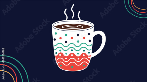 A cozy and artistic illustration of a steaming mug of hot coffee or chocolate with a colorful pattern against a dark blue background.