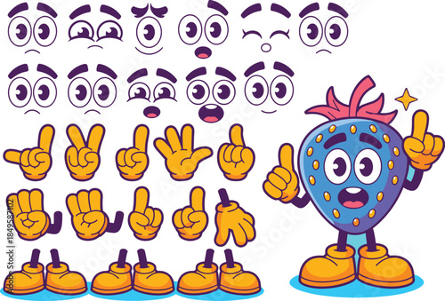 Blue strawberry cartoon character kit with various facial expressions and hand gestures showing finger counting and different poses for creative mascot design and educational food brand marketing
