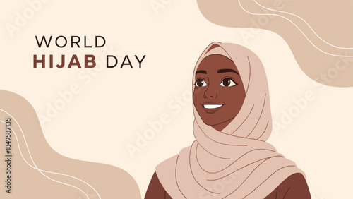 A beautiful and empowering vector illustration for World Hijab Day, featuring a smiling Black woman wearing a hijab against a soft, abstract background.