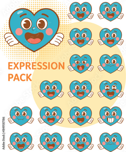 Retro blue heart character expression pack with various facial emotions and cute wings for social media content branding projects and creative graphic design assets for kids marketing material