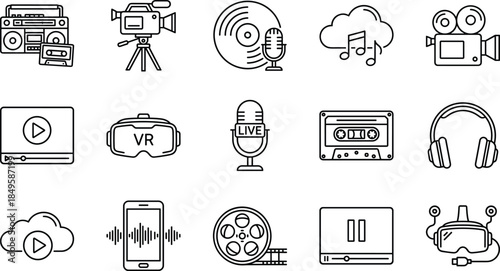 Audio, video, music, VR, media icons collection showing recording, streaming, live broadcasting, headphones, cassette, film reel, cloud storage, entertainment technology symbols