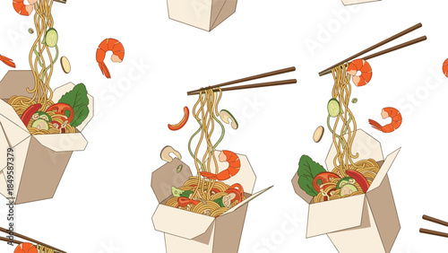 A dynamic and delicious seamless pattern of Chinese noodles with shrimp and vegetables being lifted by chopsticks from a classic take-out box container.